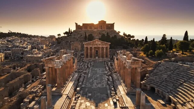 Majestic view of ancient Greek temple ruins on the Acropolis in Athens, Greece, bathed in the warm light of a golden sunset, reflecting rich history and culture.