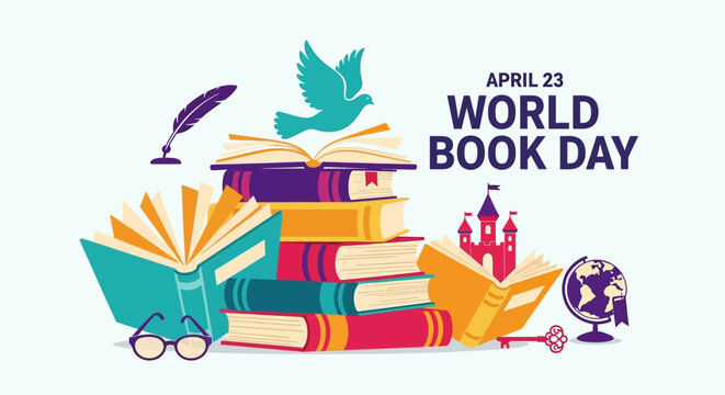 Vibrant World Book Day celebration with stack of colorful books and dove