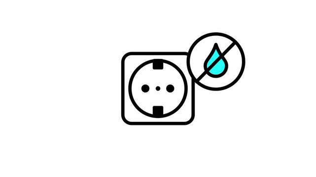 This safety icon illustrates a power outlet with a crossed-out water droplet to warn users about the extreme dangers of mixing water and electricity
