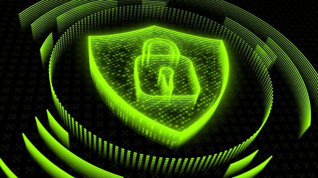 Lime green color futuristic cybersecurity technology digital shield and lock data protection black technology background
