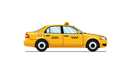 Obraz premium A standard, yellow, four-door sedan taxi car with a roof sign and checkered stripe is presented in a clean, flat vector style.