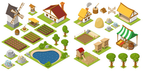 Isometric farm game elements set with buildings, crops, trees, windmill, pond and market stall for farming simulation. © Vasyl