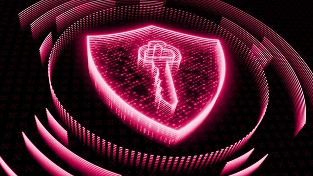 Magenta red color futuristic cybersecurity technology digital shield and key data protection black technology background