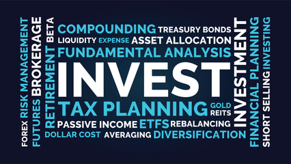 Invest Word Cloud Design for Poster, Wall Art, Financial Education Print, Classroom Decor. Invest bold dark finance typography © WordNest