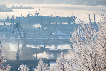 Obraz premium aerial view of port in Kola Bay in Murmansk cty