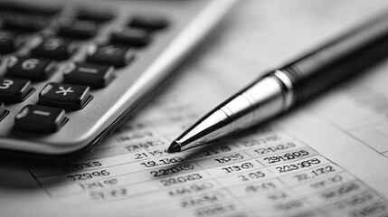 Calculator and pen on financial paperwork analyzing finance and business