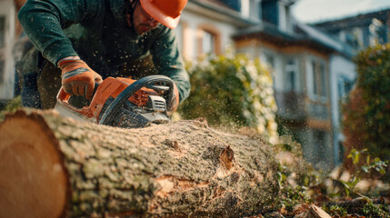 Worker cuts through a large log with a chainsaw in a residential area during daylight hours