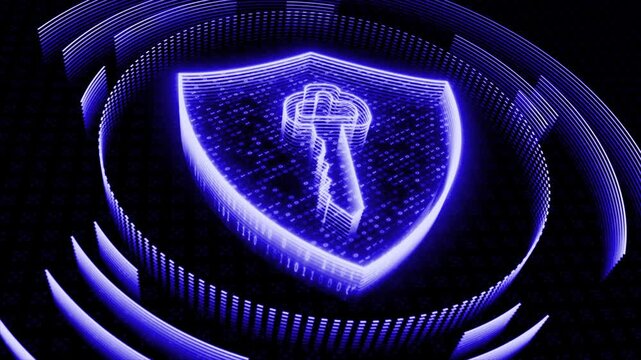 Blue color futuristic cybersecurity technology digital shield and key data protection black technology background