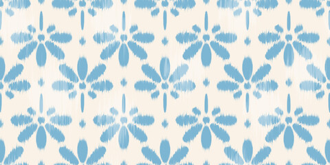Ikat floral ethnic seamless pattern. Vector batik textured background with blue daisy flowers. Rug watercolor motif for textile and fabric design. Oriental cute decorative illustration © Chorna_L