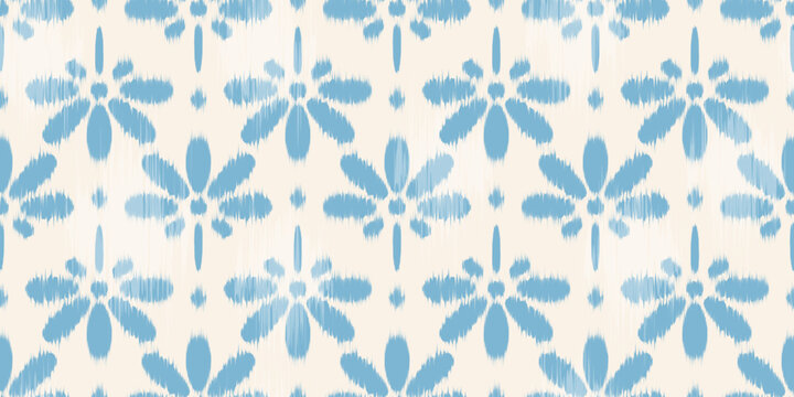 Ikat floral ethnic seamless pattern. Vector batik textured background with blue daisy flowers. Rug watercolor motif for textile and fabric design. Oriental cute decorative illustration