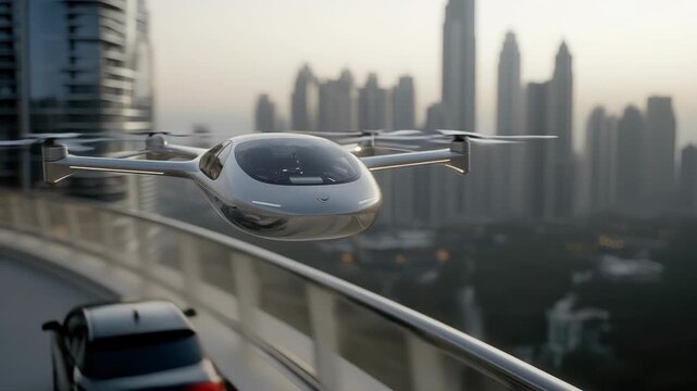 Smart mobility core: futuristic framework, urban platform, hover craft, sleek shuttle, intelligent map, layout track, signal hub, robotic path, aerial vehicle, city linkage, driverless concept