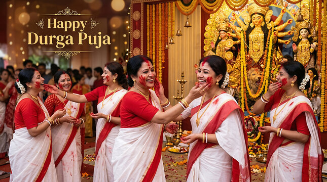 Women in traditional indian attire celebrating durga puja with gold decorations and festive atmosphere