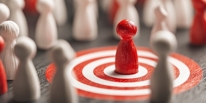 Red game piece standing on a bullseye target surrounded by white pieces