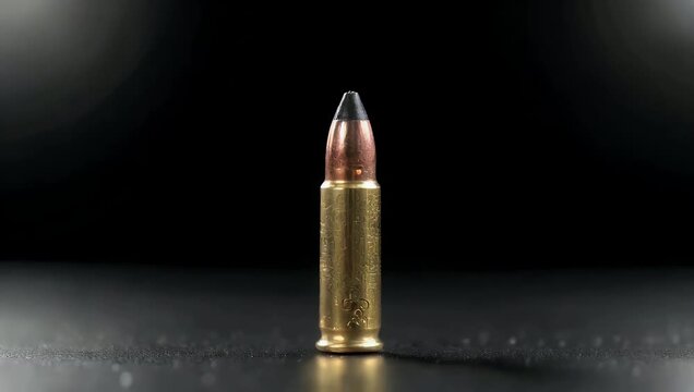 Dramatic 4K studio slow motion shot of 9mm Parabellum cartridge falling against deep black background highlighting metallic detail 