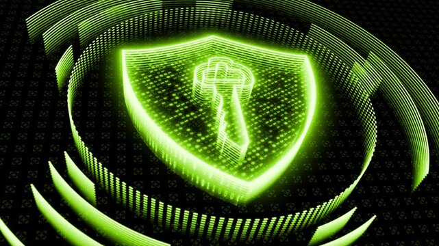 Lime green color futuristic cybersecurity technology digital shield and key data protection black technology background