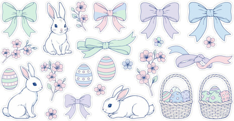 Pastel Easter Sticker Collection Cute Bunnies Decorated Eggs Bows and Spring Flowers EPS10 Stock.eps © MstShilpi