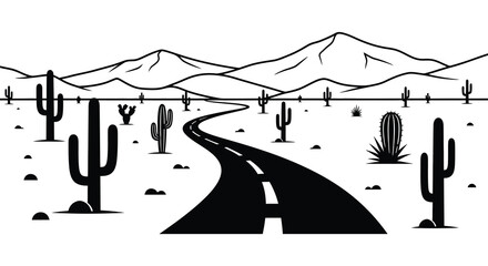 A minimalist desert landscape with winding road and cacti rendered in a striking black silhouette high quality professional detailed modern elegant © rabbivay
