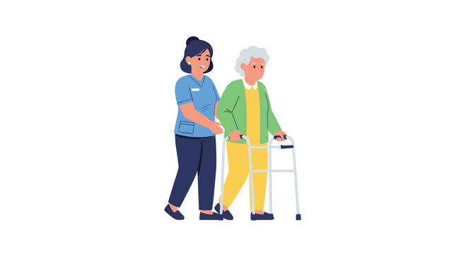 A smiling female caregiver in blue scrubs assists an elderly woman with grey hair using a four-wheeled walker on a plain white background.