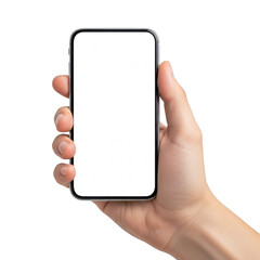 Hand holding a smartphone with a blank screen