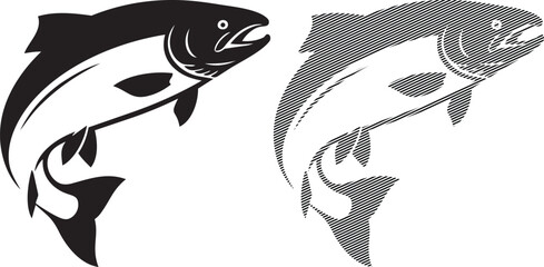 Obraz premium Two stylized illustrations of fish swimming in opposite directions with crosshatching patterns.