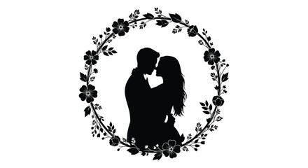 A romantic couple embraces tenderly within a circular floral wreath creating a striking black silhouette high quality professional detailed modern elegant
