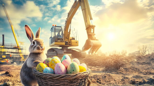 Easter rabbit and basket full of colorful Easter eggs inside a construction site with construction machinery in the background. Concept of Easter celebration during working.