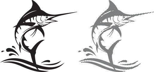 Obraz premium Graceful marlin fish leaping through ocean waves in artistic line drawing style