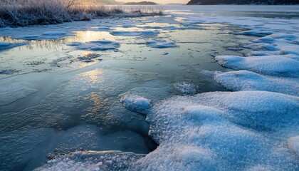 Partially frozen lake reflecting golden sun with snow and ice formations