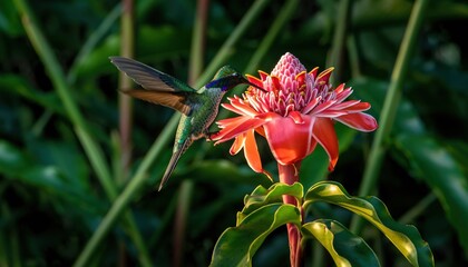 Fototapeta premium Green hummingbird feeding nectar from a vibrant red torch ginger flower outdoors