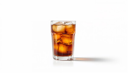 喫茶店の雰囲気を思わせる温かい光の白背景アイスコーヒー一杯