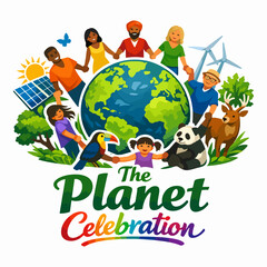 Fototapeta premium Joyful The Planet Celebration logo with people surrounding Earth, symbolizing unity, equality, and shared global responsibility inspired by environmental awareness and peace