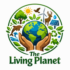 Fototapeta premium Dynamic The Living Planet logo featuring hands holding Earth surrounded by nature, symbolizing biodiversity, responsibility, and compassion fostering global unity and environmental care