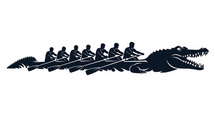 A creative illustration depicts a rowing team whose boat is shaped like an alligator a striking silhouette high quality professional detailed © rabbivay
