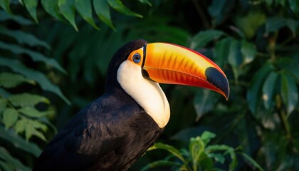 Fototapeta premium Toco toucan with vibrant colorful beak in tropical green jungle