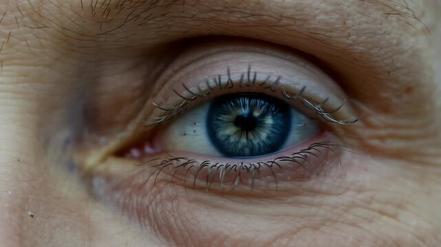 Extreme close-up of a blue human eye, sharp iris patterns and moist lashes in focus, while skin shows fine lines and pores; light catches the pupil, adding subtle reflections and depth.
