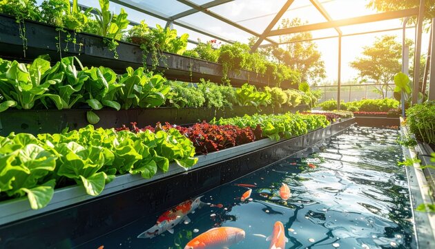 Abundant aquaponics system showcasing sustainable fish farming integrated with hydroponic vegetable growth under greenhouse sunlight