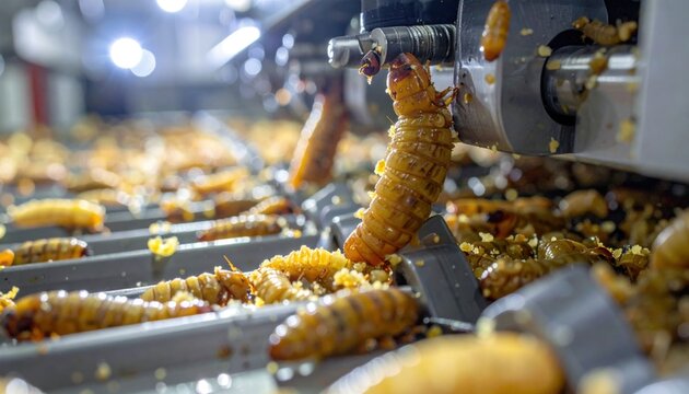 Close-up view of cultivated insect larvae undergoing processing for protein extraction in an industrial facility