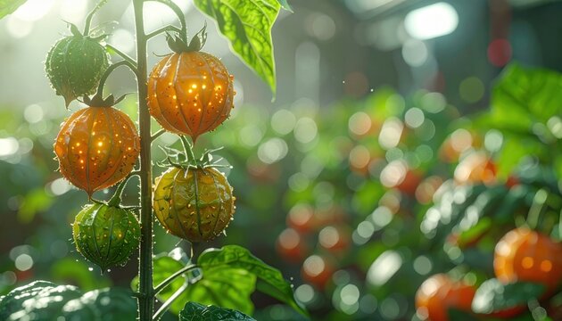 Close up of a bio-engineered plant bearing glowing, nutrient-rich fruits in a greenhouse setting