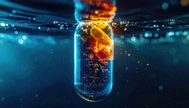 Close-up of a dissolving nutrient capsule in purified water, showcasing a vibrant science concept.