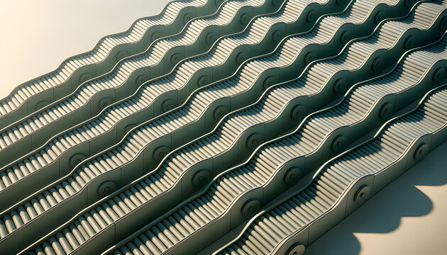 Rows of escalators with curved sides and repeating steps cast soft shadows in the light creating a modern geometric pattern with a sense of movement and symmetry