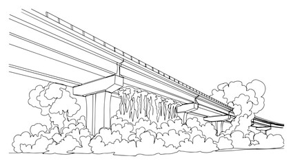 Fototapeta premium Highway bridge overpass with clouds or smoke continuous line drawing, urban infrastructure and transportation