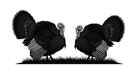 Two wild turkeys stand facing each other amidst grassy terrain showcasing a striking black silhouette high quality professional detailed modern elegant © rabbivay