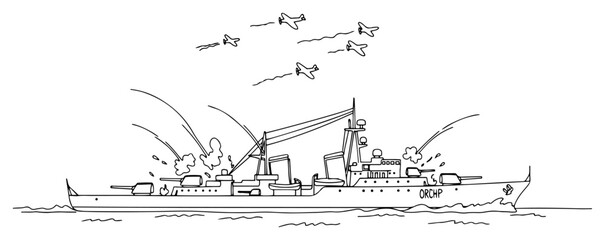 Battleship warship in sea battle with fighter planes continuous line drawing, naval warfare action © ----WWWLINE----