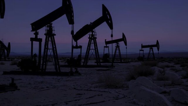 atmospheric 4K animated desert landscape oil pump jacks silhouetted glowing sunset sky symbolizing industrial energy extraction balance progress nature