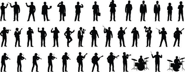 Set of black vector silhouettes featuring professional businessmen, musicians playing guitar, violin, drums, and trumpet for corporate entertainment, musical performance, and artistic design elements. © Atabur