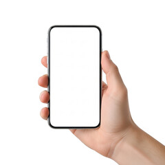 Hand holding a smartphone displaying a blank screen