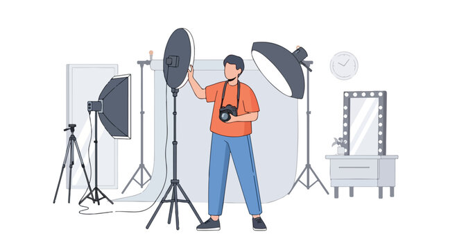 A photographer adjusting a softbox light in a photography studio setup with various equipment, conveying a creative and professional mood in a flat 2D illustration.