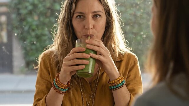 Woman Enjoy Green Drink And Conversation In Cafe Window