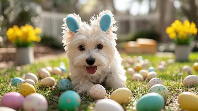 Adorable white dog with bunny ears surrounded by colorful easter eggs in garden. Easter, Pascha, Paskha, Ostern, Pascua, Paques - Orthodox and Catholic Holiday celebration