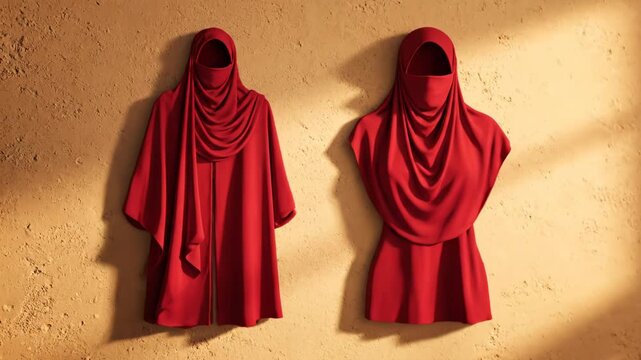 Red Islamic garments materialize on a textured wall. Traditional modest clothing forms from outlines in a dynamic animation.